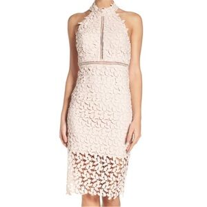 Bardot Lace Halter Midi Dress in light pink